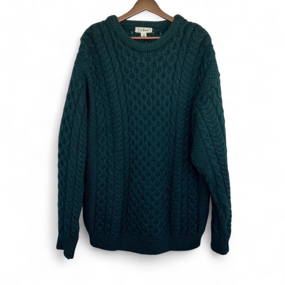Vintage LL Bean Made In Ireland 100% Wool Sweater Green Chunky Size XL Tall
